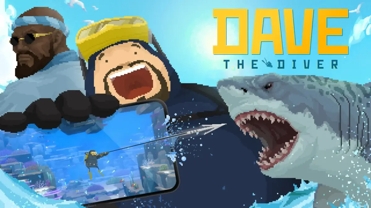 ピクセルアートで描かれたゲーム「DAVE THE DIVER」のキービジュアル。巨大なサメと、驚いた表情のキャラクター、そして水中を泳ぐダイバーが描かれている。