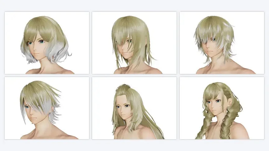 金髪のアニメキャラクターの様々なヘアスタイルを3Dモデルで示した画像です