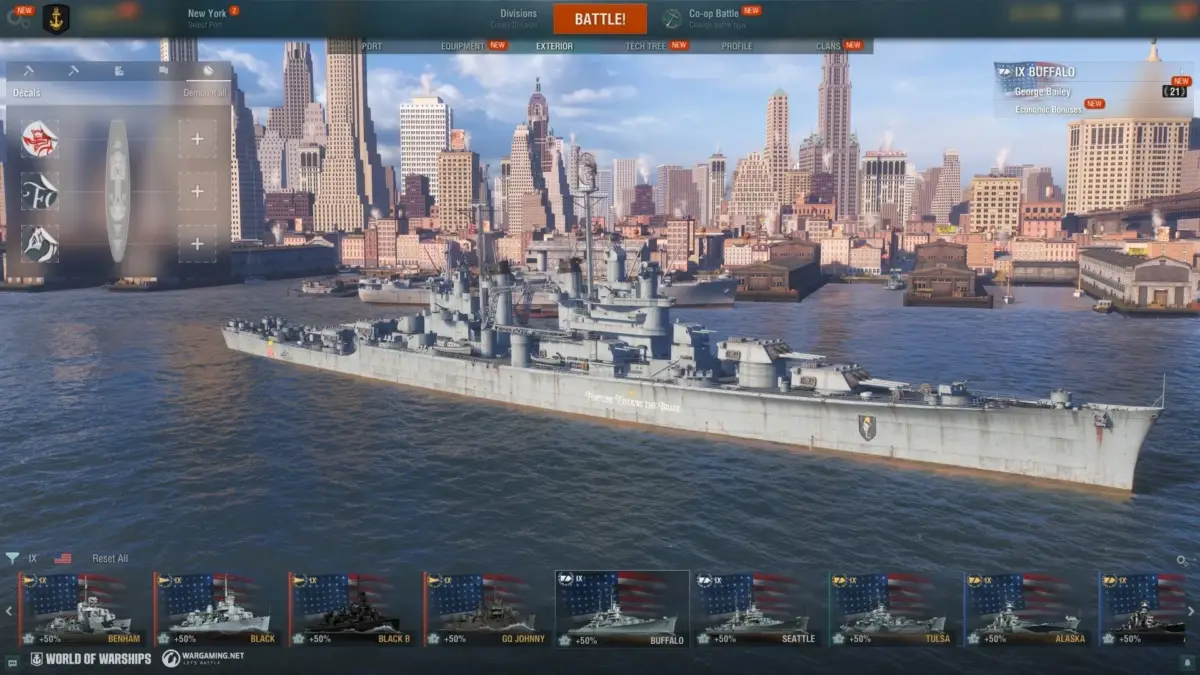 ゲーム,World of Warships,軍艦,戦艦,巡洋艦,Buffalo,港,ニューヨーク,インターフェース,PCゲーム,Wargaming,海戦,シミュレーション,ビデオゲーム
