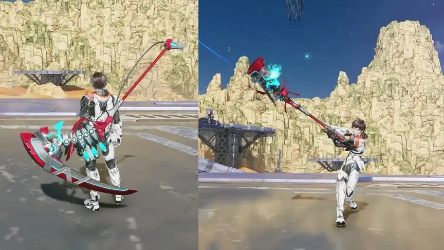 SF風のゲームキャラクターと変形武器