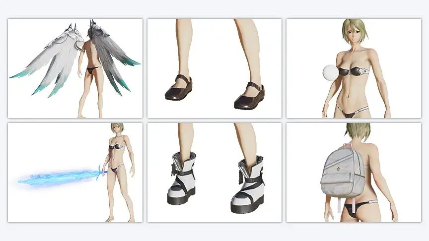 3Dの女性キャラクターモデルと様々なアクセサリー