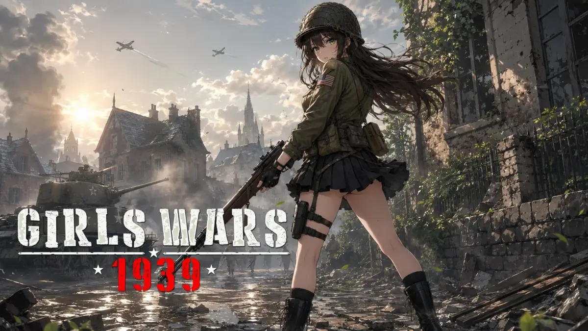 戦車を背景に立つ美少女兵士