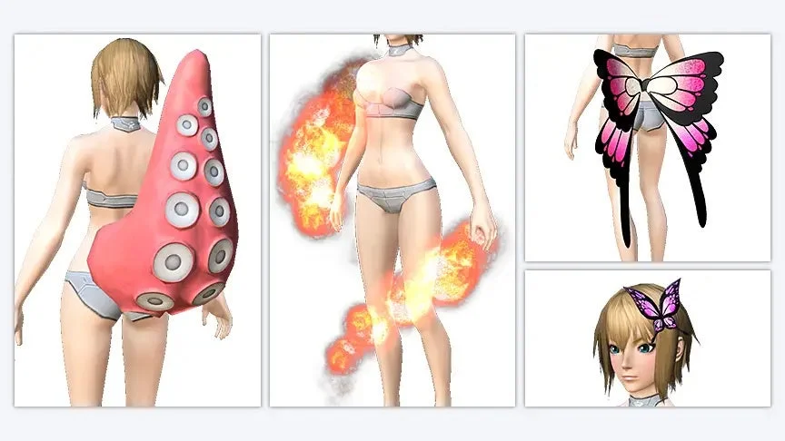 女性の3Dキャラクターモデルが、タコの触手、炎のエフェクト、蝶の羽、蝶のヘアクリップといった様々なファンタジー要素のアクセサリーを身につけている様子を示しています。