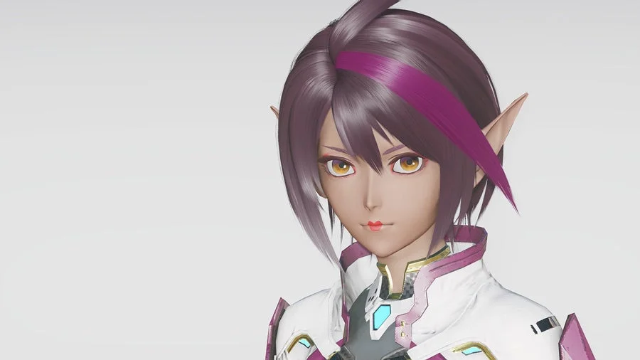 アニメキャラクター,女性,ファンタジー,エルフ,紫髪,マゼンタ,金色の目,白い背景,SF,ゲームキャラクター