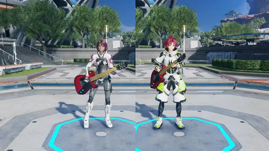 未来的な屋外ステージのような場所で、2人のキャラクターが赤いエレキギターを抱えて立っています。左は女性、右は男性で、それぞれ異なる衣装を着用しており、ゲームのスクリーンショットのように見えます。
