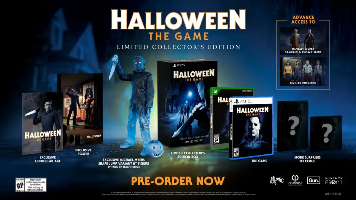 ホラーゲーム「HALLOWEEN THE GAME」のリミテッドコレクターズエディションの予約販売を告知。マイケル・マイヤーズのフィギュア、限定アート、ポスター、ゲーム本体、追加スキンなどの豪華特典が含まれ、PS5とXbox Series X向けに提供されるプロモーションです。