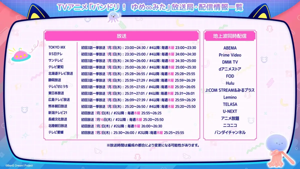 TVアニメ「バンドリ！ゆめみた」放送局・配信情報一覧