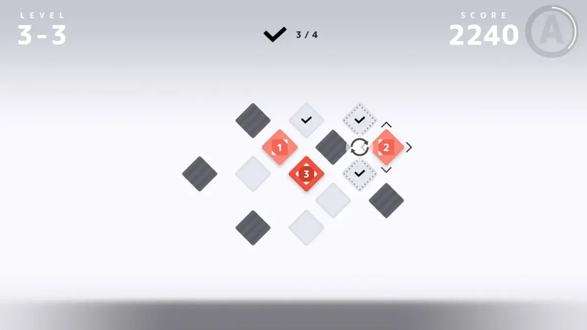 「LEVEL 3-3」と「SCORE 2240 A」が表示されたミニマルなパズルゲームのプレイ画面です。中央には赤、白、グレーのひし形タイルが配置されており、赤色のタイルには1, 2, 3の数字が振られています。進行状況は3/4と示されています。