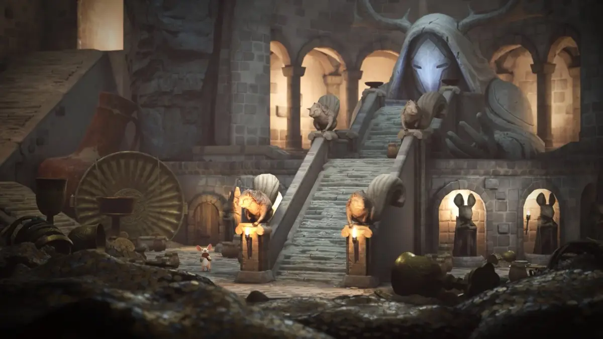 ネズミが古代の石造り寺院を探索するファンタジーな情景