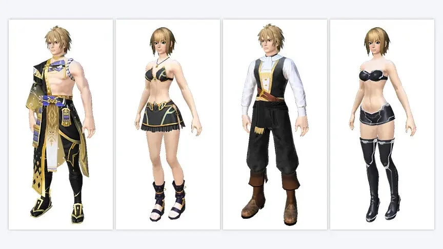 異なる衣装を着用した男性2体、女性2体の3Dキャラクターモデルが並んでいます。和風、カジュアル、水着、SF風など多様なスタイルがあり、ゲームやバーチャルアバターの衣装デザインの参考となるでしょう。