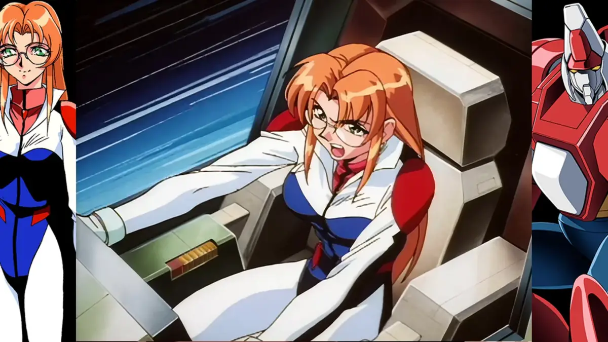 オレンジ色の髪と眼鏡の女性パイロットがコックピットで操縦するアニメの場面。画面の左右には同じ女性の全身像と赤いロボットが配置されており、ゲッターロボシリーズの早乙女ミチルと思われる。