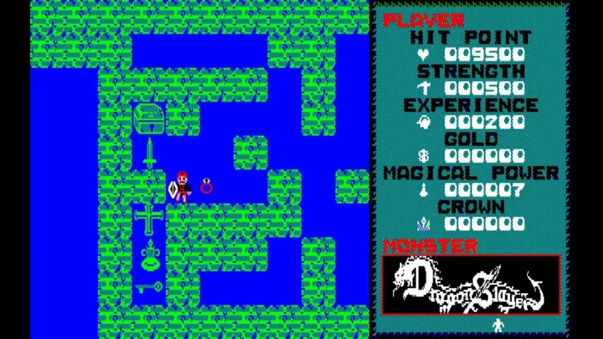 迷路を進むキャラクターとアイテム、ステータスが表示されたゲーム画面