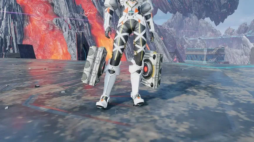 SF風アーマーのキャラクターと溶岩の背景