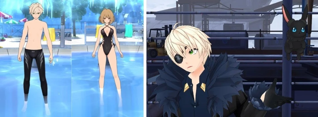 水着姿の男女のアニメキャラクターと、アイパッチをした男性キャラクターと黒いウサギのような生き物