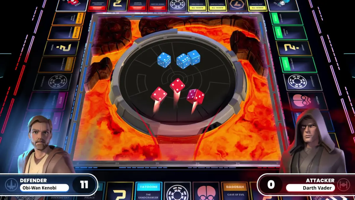 スター・ウォーズの世界観をテーマにしたデジタルボードゲームのプレイ画面。オビ＝ワン・ケノービとダース・ベイダーが対戦し、溶岩が流れる盤面でサイコロが振られている様子が描かれている。