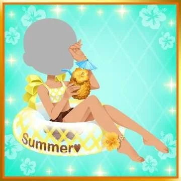 黄色い水着のキャラクターがパイナップルドリンクを持つトロピカルなイラスト