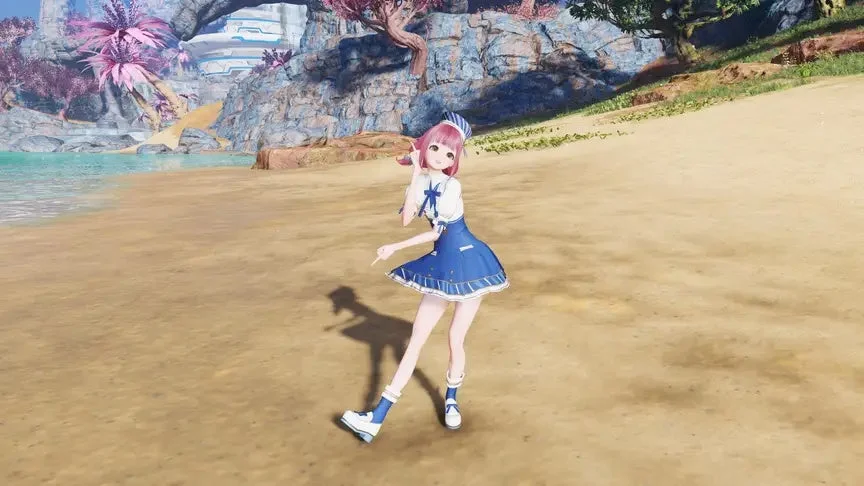 砂浜のビーチで、青と白のセーラー服のような衣装を着たピンク髪のアニメキャラクターがポーズをとっている。背景には青い海と岩、ピンクの植物が見える。
