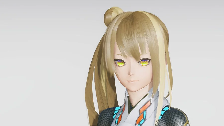 金髪のポニーテールが特徴的なアニメ風の女性キャラクターの3Dモデルです。鮮やかな黄緑色の瞳と、白を基調とした未来的な衣装を身につけており、ゲームやバーチャルコンテンツに登場しそうな雰囲気です。