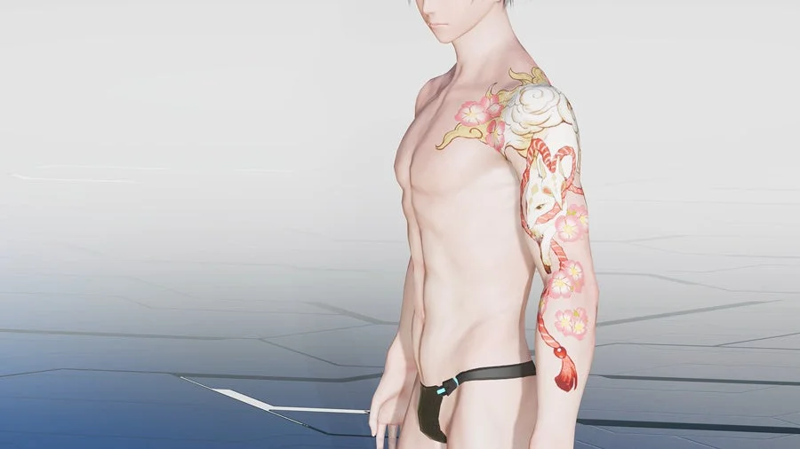 3Dキャラクター,男性,タトゥー,狐,桜,和風,デジタルアート,下着,ヌード,ゲームキャラクター