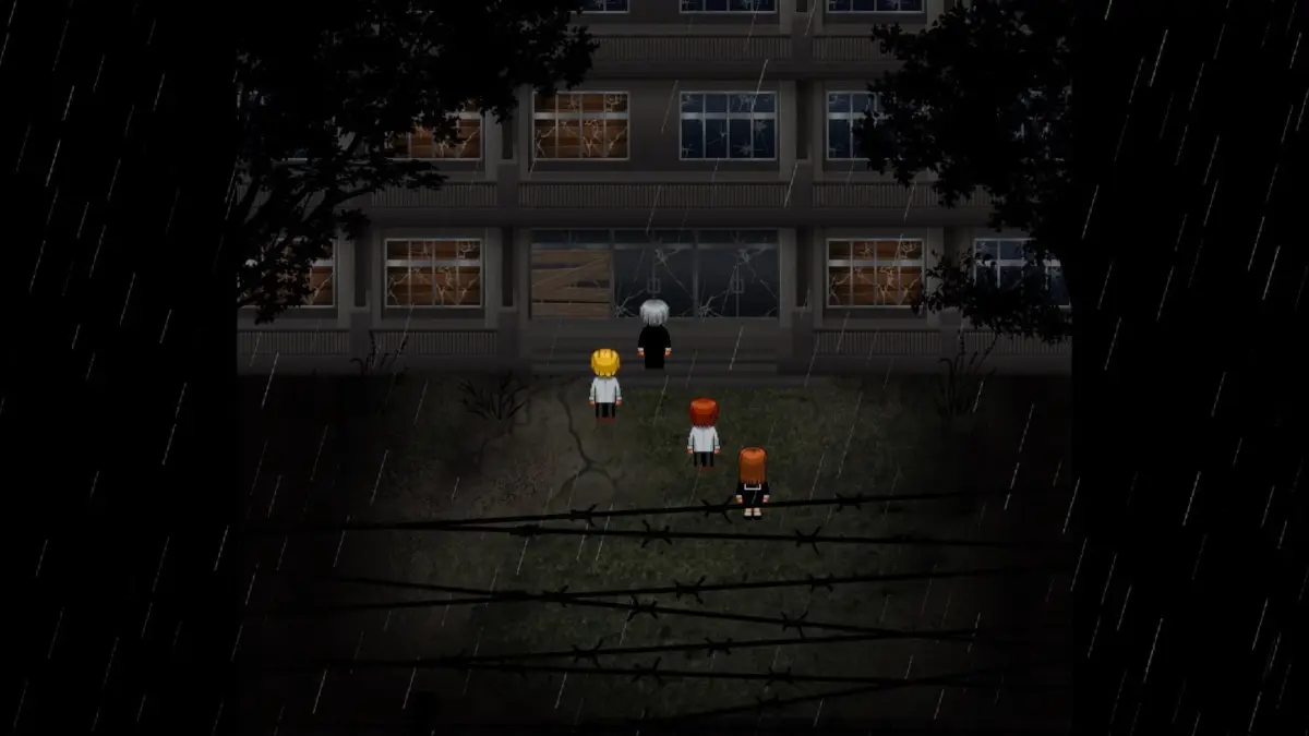 雨が降る夜、荒廃した建物に立つピクセルアート風のキャラクターたちが描かれた不気味なシーン。窓は割れ、入口は板で塞がれており、手前には有刺鉄線が張られている。ホラーゲームのような雰囲気を醸し出している。