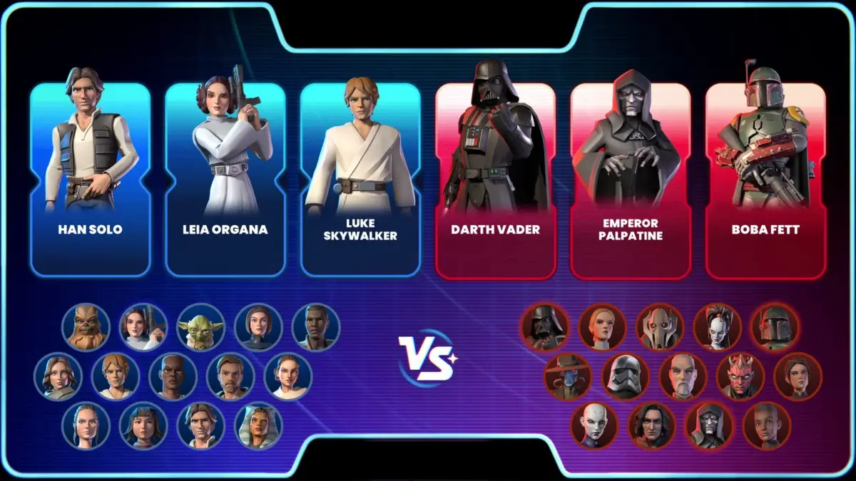 スターウォーズのキャラクター選択画面で、主要なヒーローとヴィランが対戦形式で配置されています。
