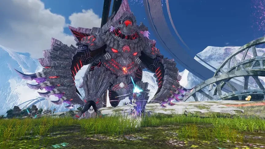 広大なフィールドで、プレイヤーが巨大なボスモンスターと激しい戦闘を繰り広げているゲームのスクリーンショット。赤く光る目を持つ威圧的なモンスターと、それを迎え撃つキャラクターが描かれ、SFとファンタジーが融合した世界観が感じられる。