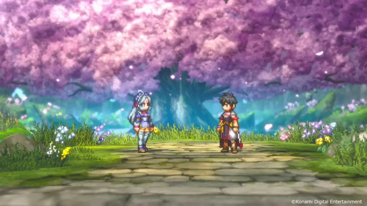 桜の木の下のピクセルアートキャラクター
