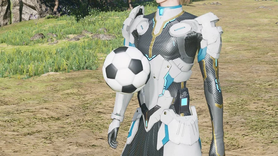 未来的な装甲を身につけたキャラクターが、自然豊かな草原でサッカーボールを抱えている様子が描かれています。SFゲームのような雰囲気です。