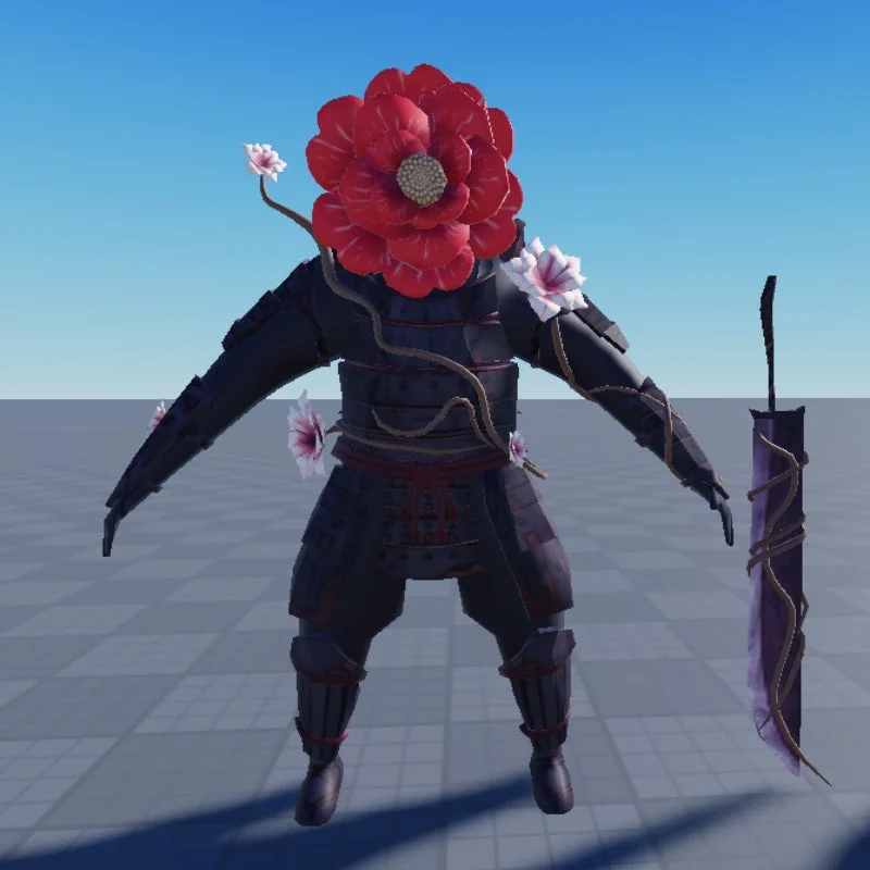 暗いサムライの鎧をまとったキャラクター
