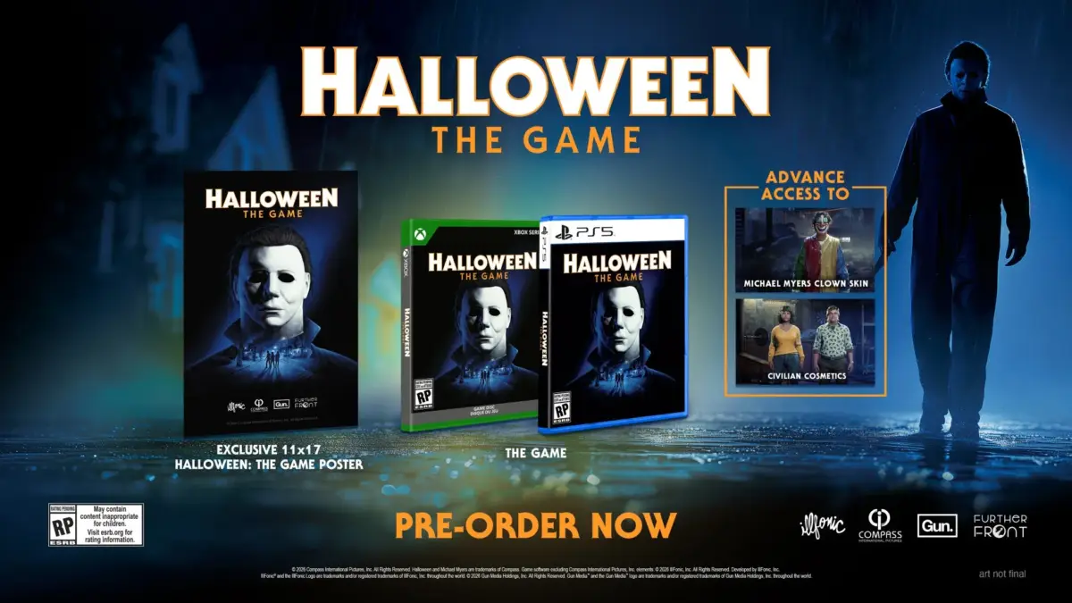 ホラーゲーム「HALLOWEEN THE GAME」の予約告知画像です。マイケル・マイヤーズが主役で、PS5とXbox版のパッケージ、限定ポスター、予約特典が紹介されています。