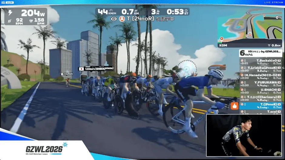 Zwiftのバーチャルサイクリングレースの様子