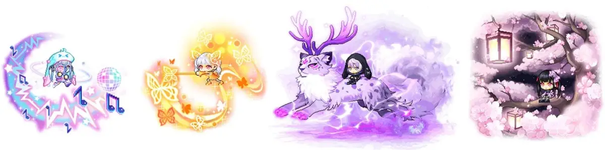 ちびキャラが描かれた4つのファンタジーイラストの集合です。音楽とディスコボール、蝶と光のエフェクト、霊獣に乗るキャラクター、満開の桜と提灯の夜景など、様々なテーマと色彩が特徴的な可愛らしいアートワークです。