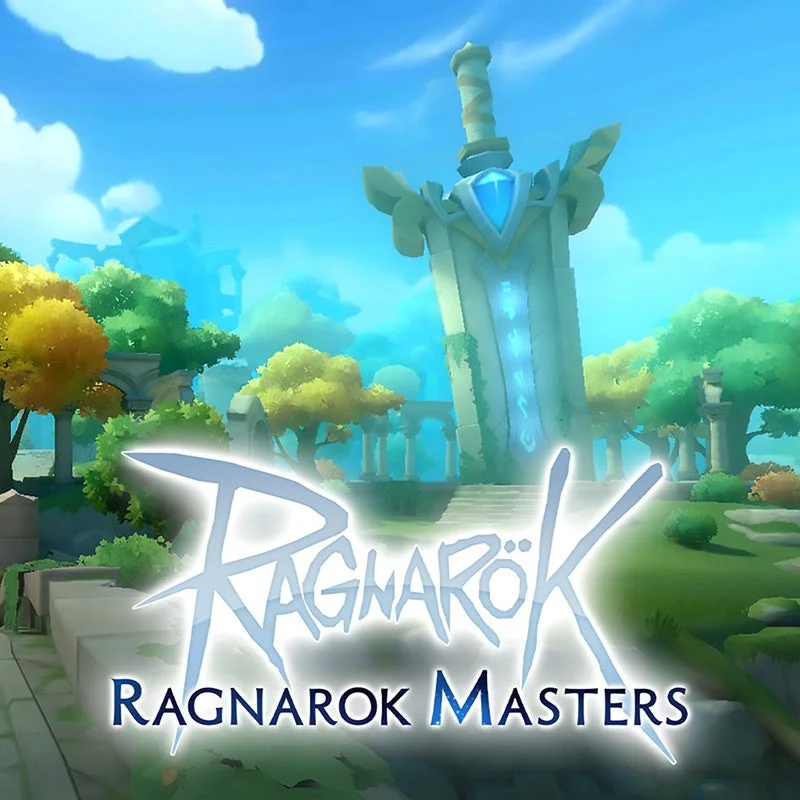 巨大な剣がそびえ立つファンタジー世界と「RAGNAROK MASTERS」ロゴ