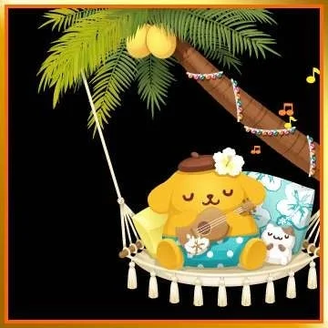 ポムポムプリンがハンモックでウクレレを弾くトロピカルなイラスト