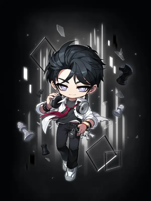 ヘッドホンを装着したクールなちびキャラの少年