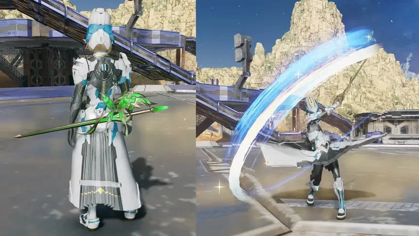 未来的なコスチュームのキャラクターが剣で攻撃
