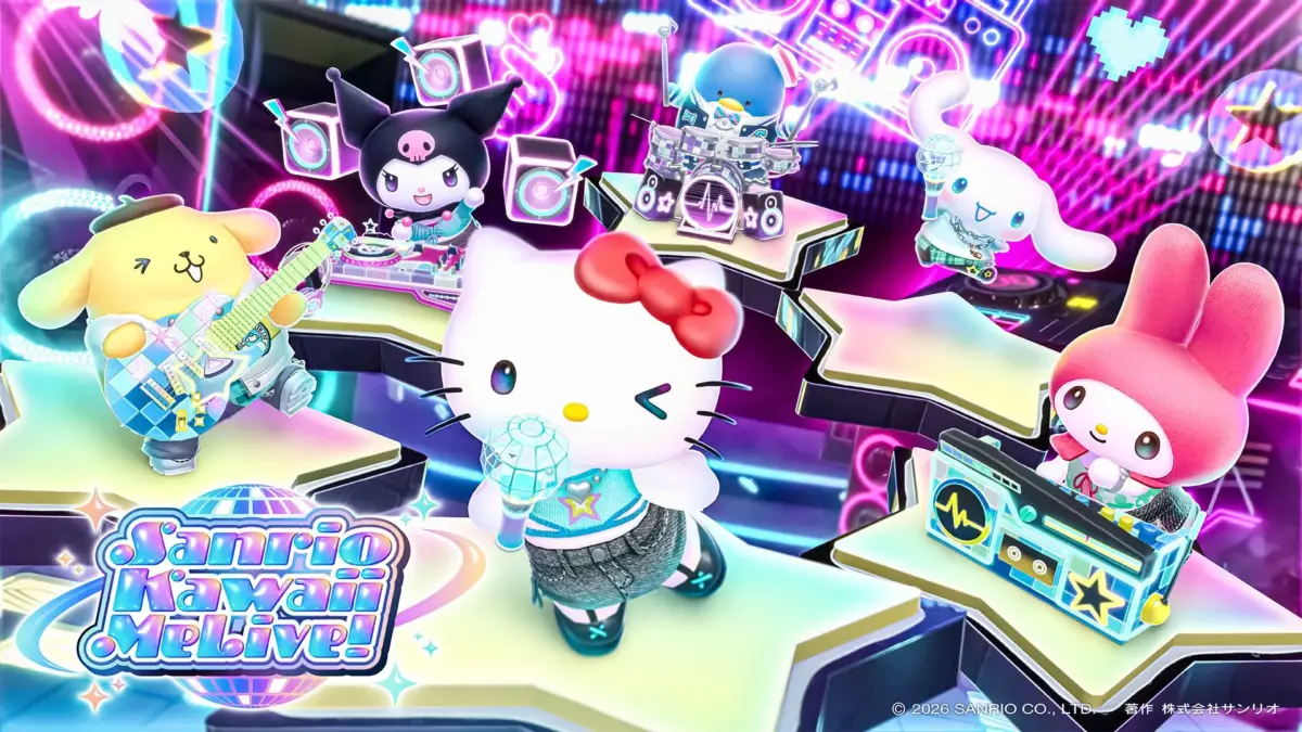 Sanrio Kawaii M!Live!のネオン輝くステージで楽器を演奏するサンリオキャラクターたち