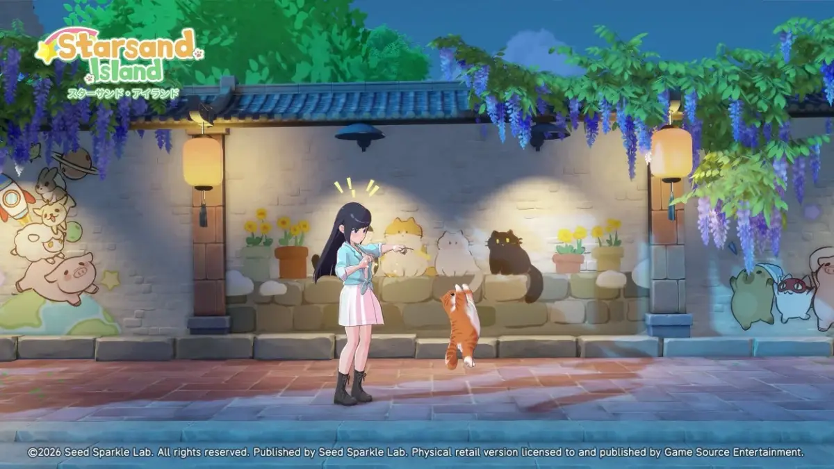 猫の壁画と戯れるアニメ風の少女