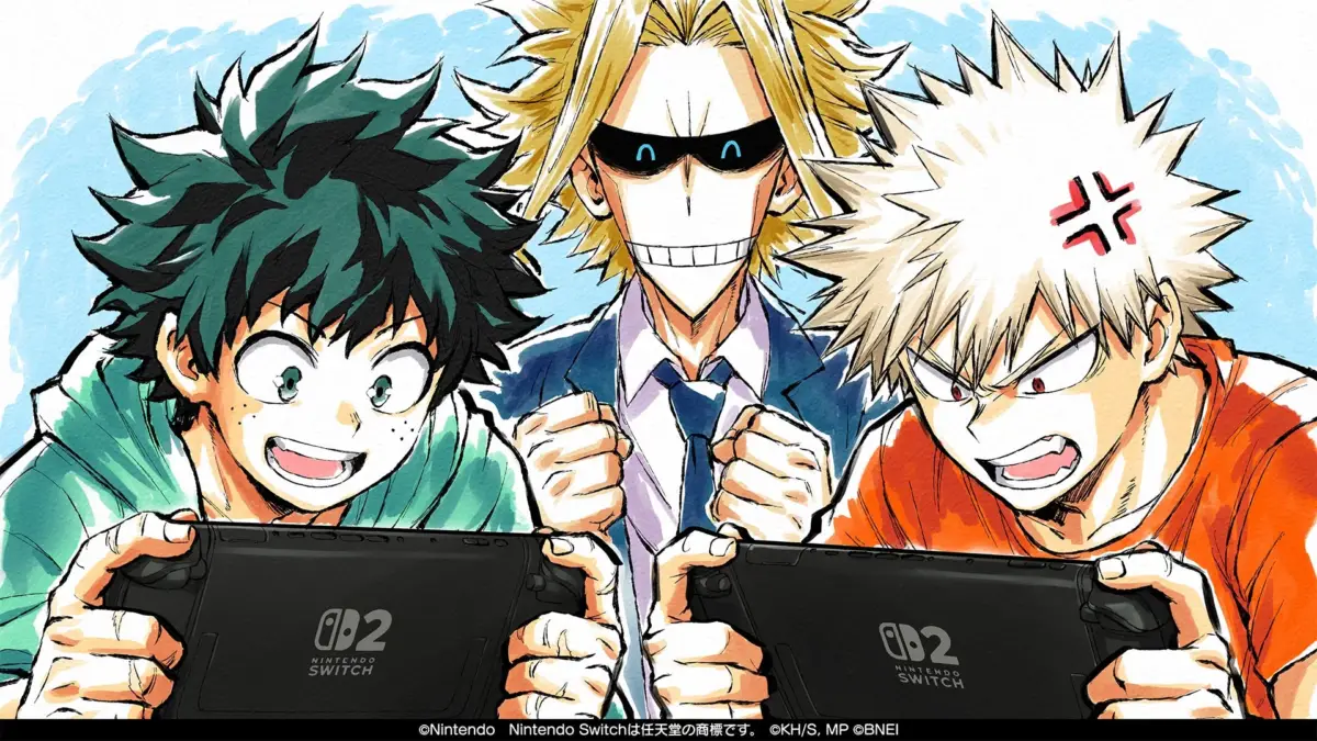 緑谷出久、爆豪勝己、オールマイトがNintendo Switchでゲームを楽しむ様子
