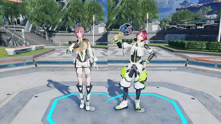 未来的な衣装のキャラクター2体が屋外ステージに立つ