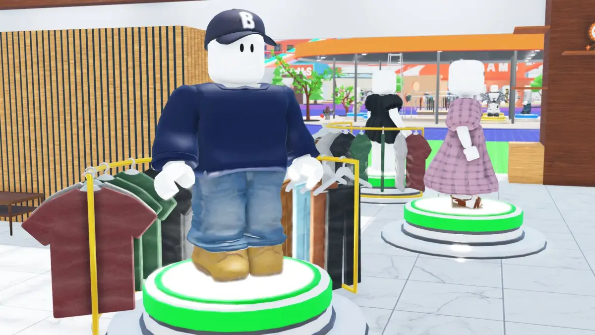 Robloxのような仮想空間の衣料品店で、アバターのマネキンが様々な服を展示しています