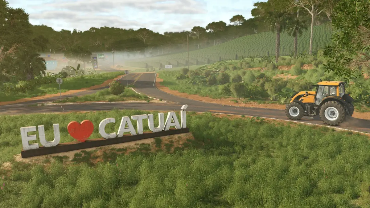 「EU ❤️ CATUAÍ」の大きなサインが目を引く農村風景