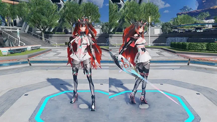 赤髪の女性キャラクターが未来都市を背景にポーズをとる