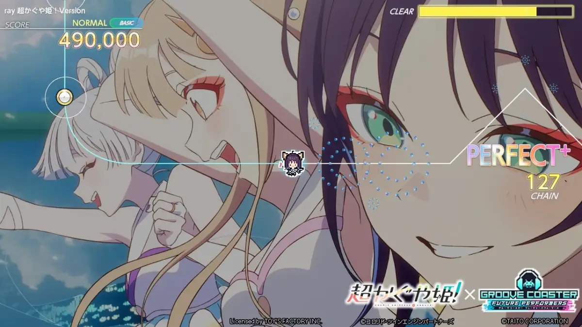 人気リズムゲーム「GROOVE COASTER」のプレイ画面。アニメ調の美しい少女キャラクターが複数描かれ、490,000点のスコアとPERFECT+、127チェーンが表示されています。