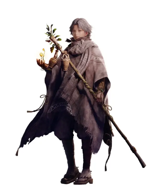 灰色の髪を持つ少年のようなキャラクターが、ローブをまとい、光る植物の生えた杖を携えている。神秘的な雰囲気を醸し出しており、ファンタジー世界の住人のようだ。