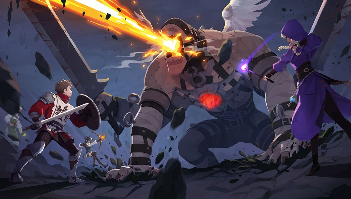 ファンタジーの世界でモンスターと戦うキャラクターたち