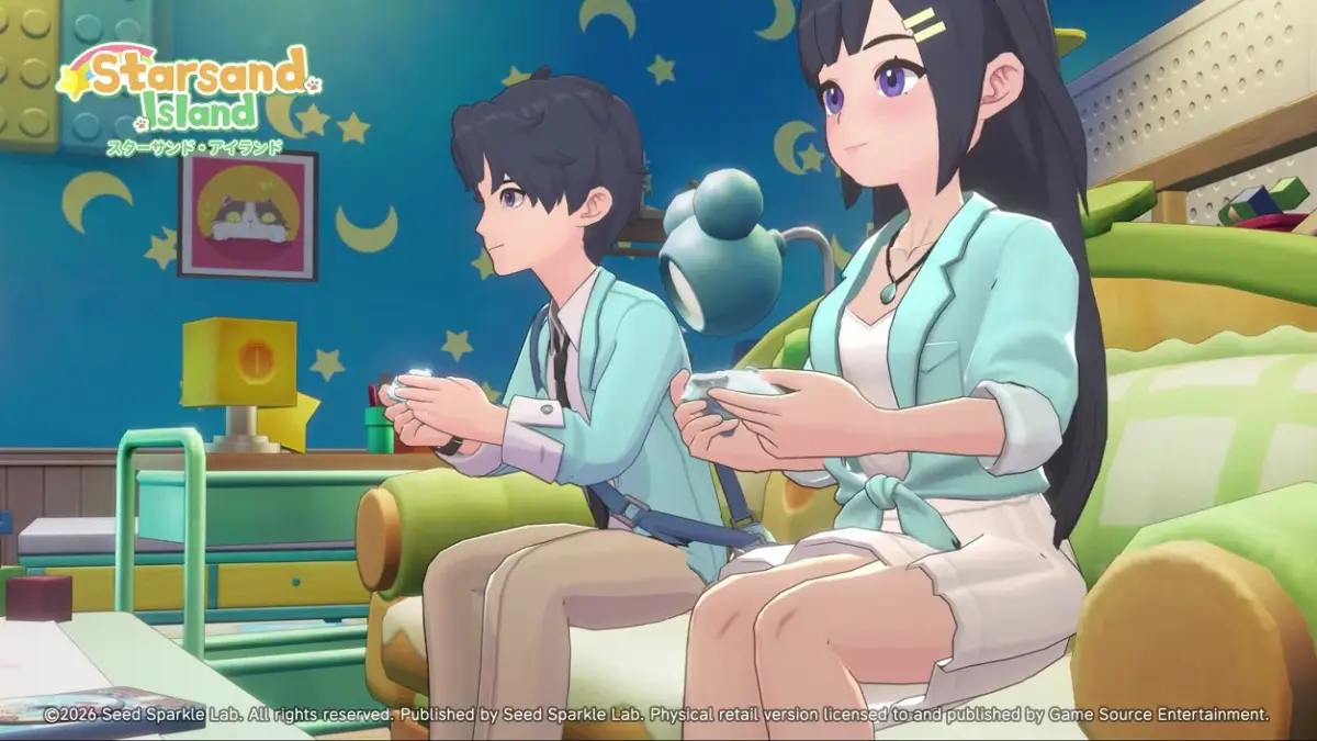 星や月が描かれた部屋でゲームをプレイするアニメ風の少年と少女