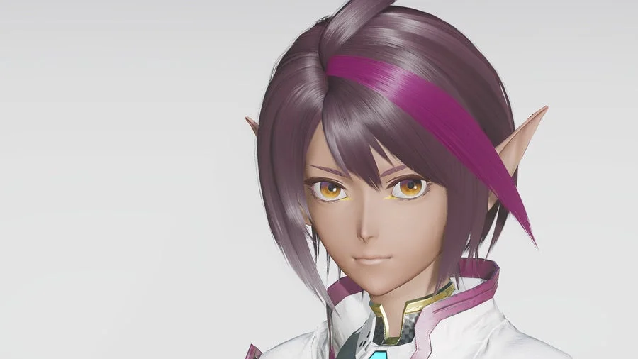 紫髪のエルフのようなキャラクターの顔のクローズアップ