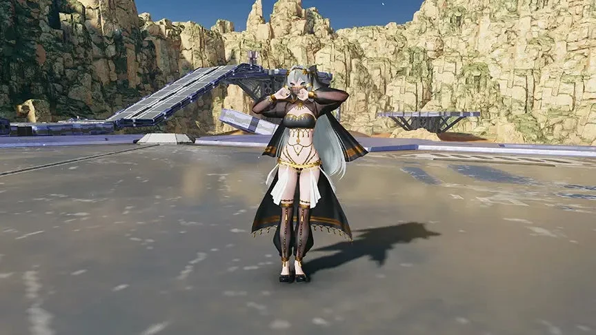 黒と金の衣装をまとった銀髪の女性ゲームキャラクター