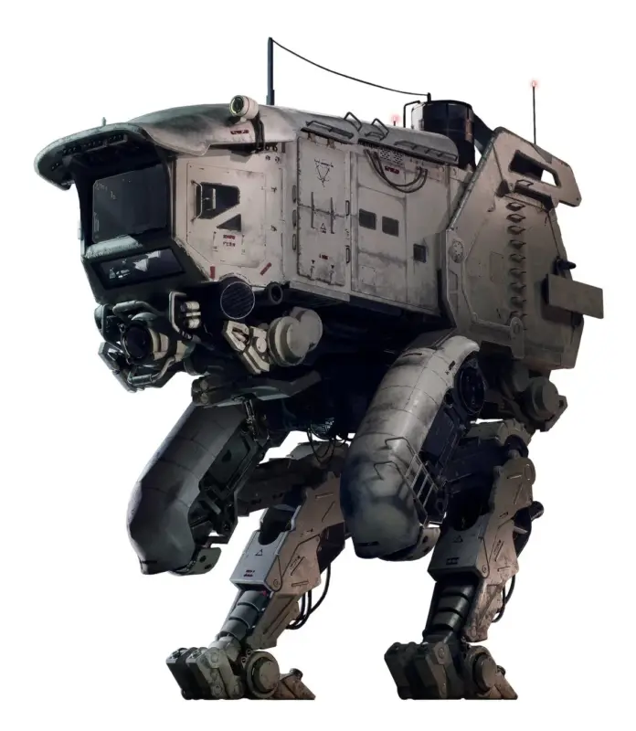 白とグレーを基調とした、ずんぐりとした四足歩行型の巨大なロボットが描かれています。SFの世界に出てくるような未来的な兵器や輸送機を思わせるデザインです。